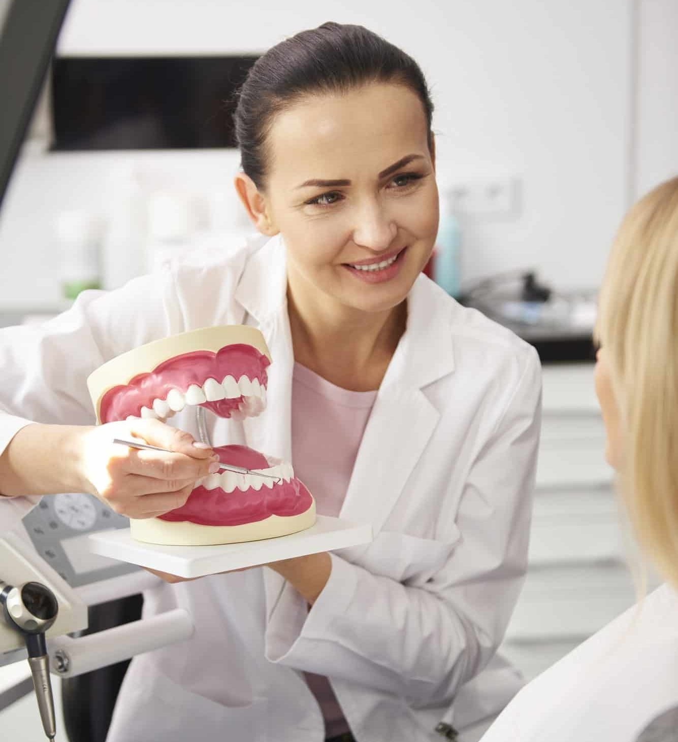 Smiling female dentist showing patient the artificial dentures