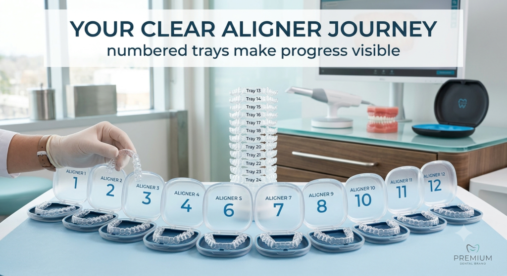 Numbered clear aligner tray series for step by step teeth straightening