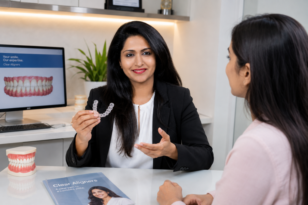 Dr. Rupali Panpate explains aligners vs braces to a patient in Kasturi Nagar