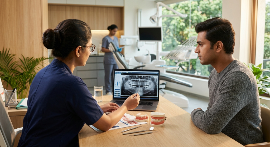 Dentist consulting a patient during an aligner assessment at a Bengaluru clinic
