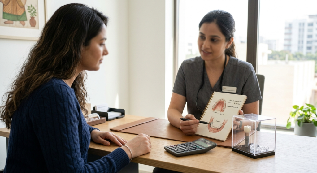 Treatment coordinator explaining aligner costs and EMI options to a patient