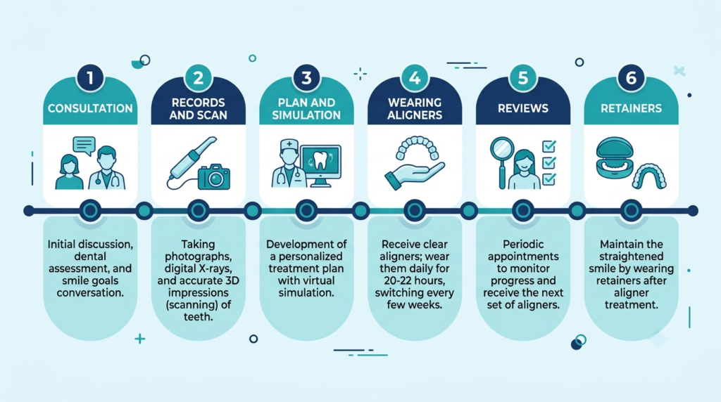 Timeline of the clear aligner journey from first scan to retainers