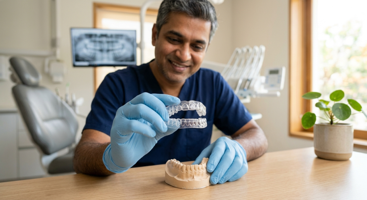 Clear aligner trays held in a gloved hand at a dental clinic in Kasturi Nagar, Bengaluru