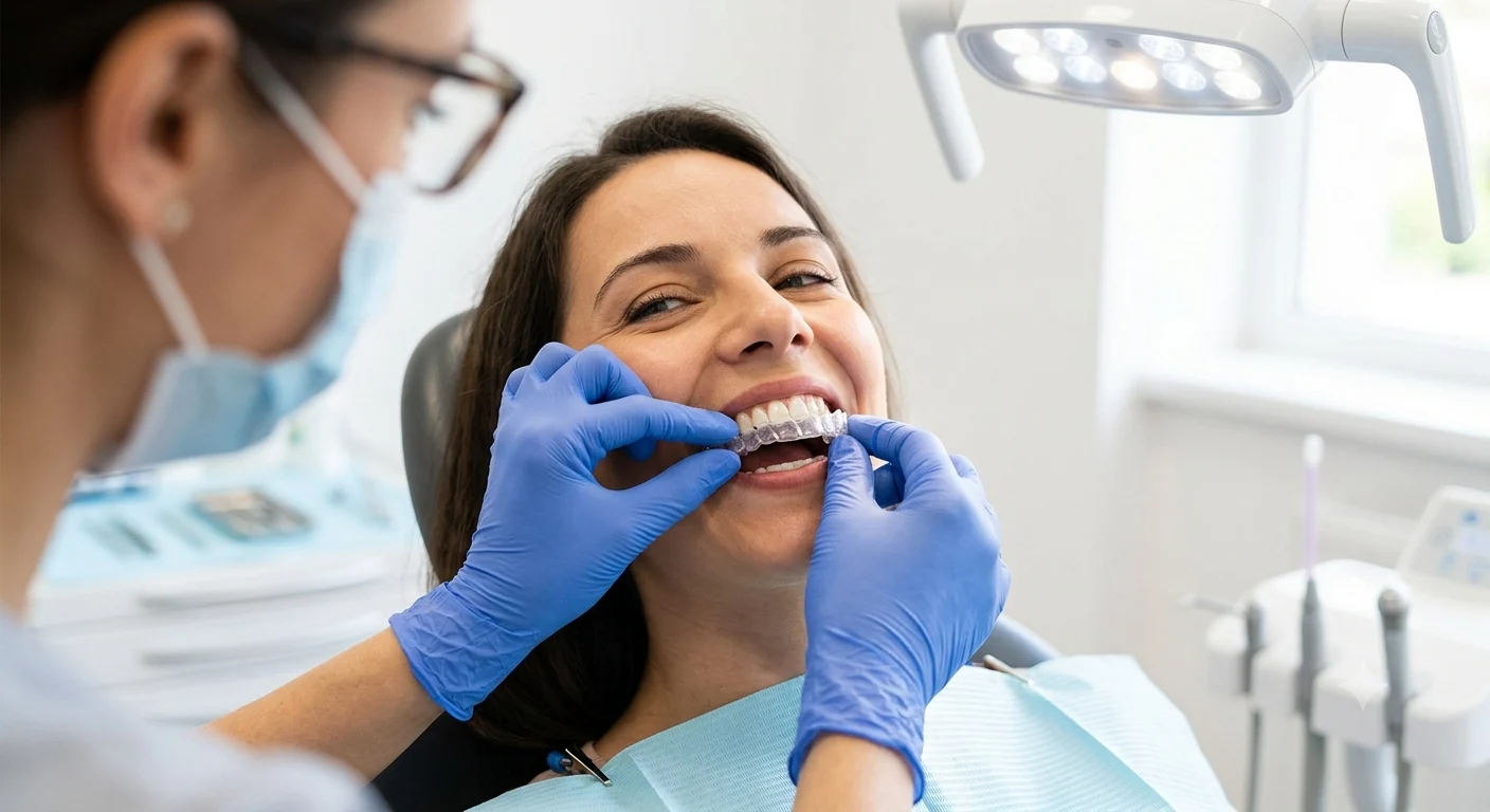 Dentist fitting a clear aligner tray for a smiling patient at Dr. Rupali's Dental Care and Implant Centre