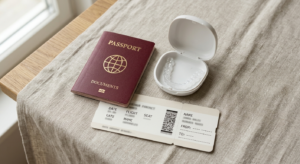 Clear aligner trays alongside travel documents, representing aligner treatment for NRI patients in India