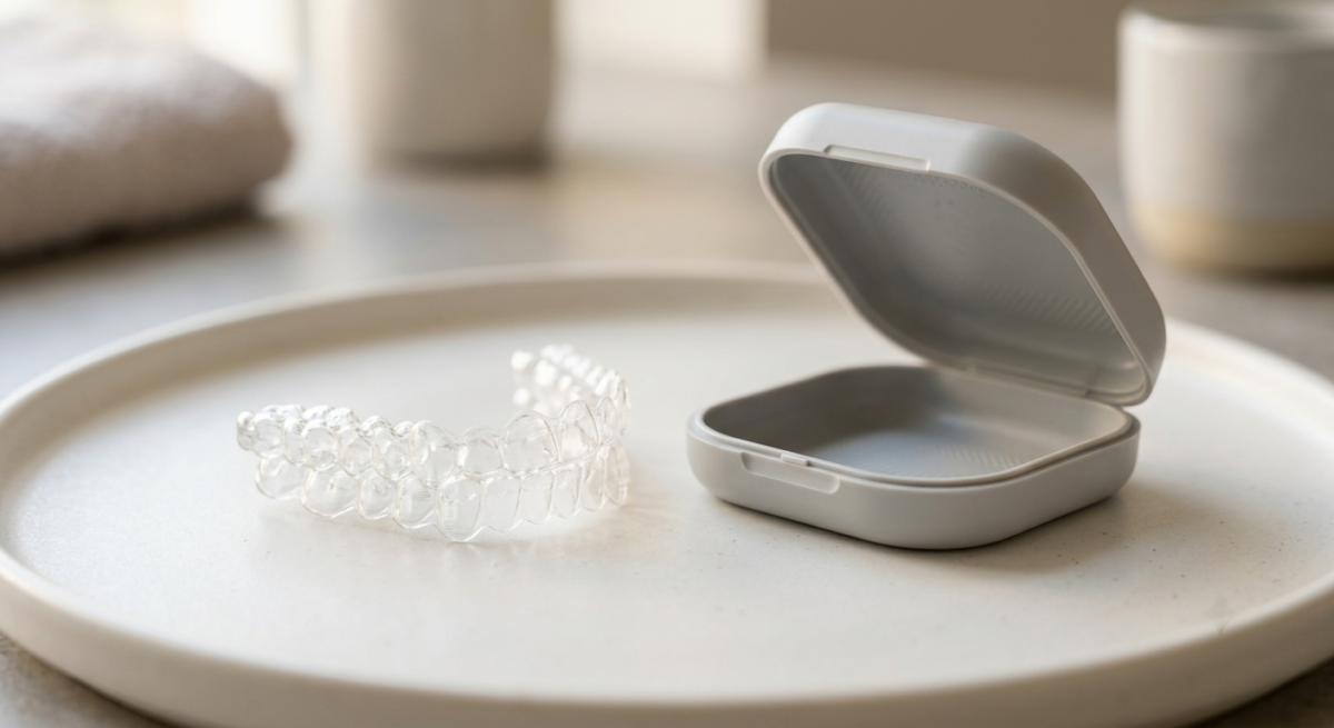A clear removable dental retainer resting in its case
