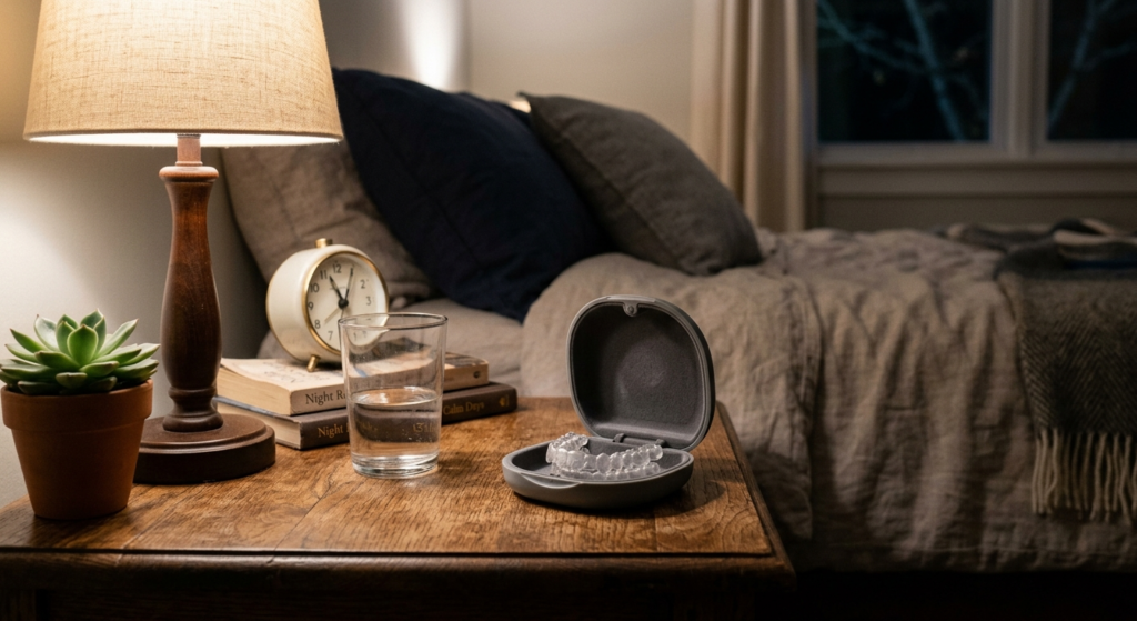 Clear retainer on a bedside table representing night-time wear