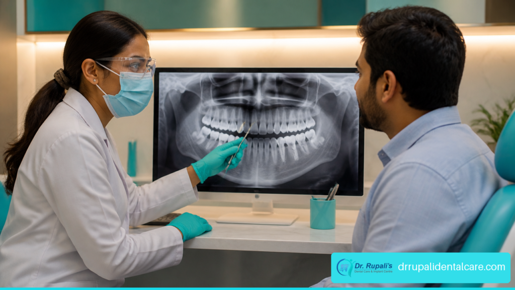 Dentist reviewing a dental X ray with a patient during treatment planning