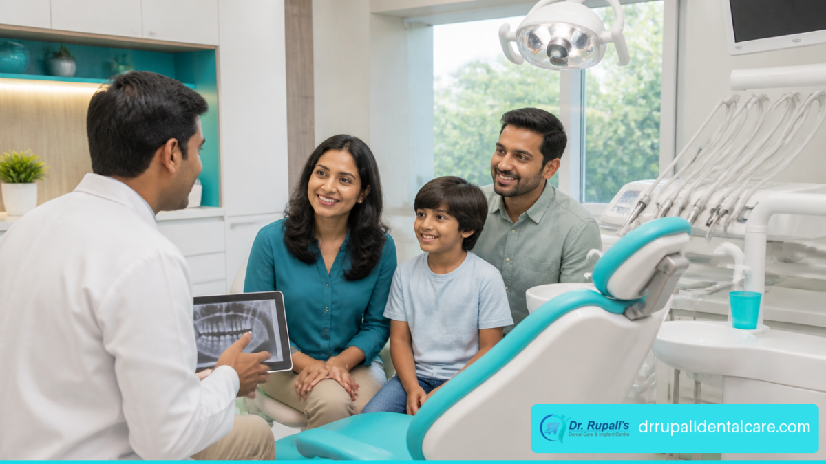 Family consulting with a dentist in a clean modern dental clinic in Kasturi Nagar Bangalore