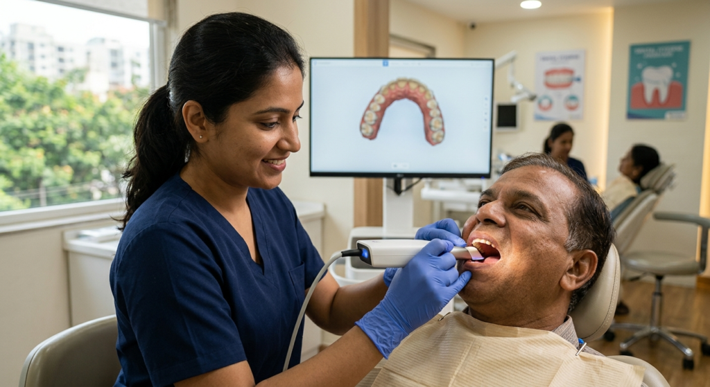 Dentist taking a 3D digital scan of a patient's teeth with an intraoral scanner