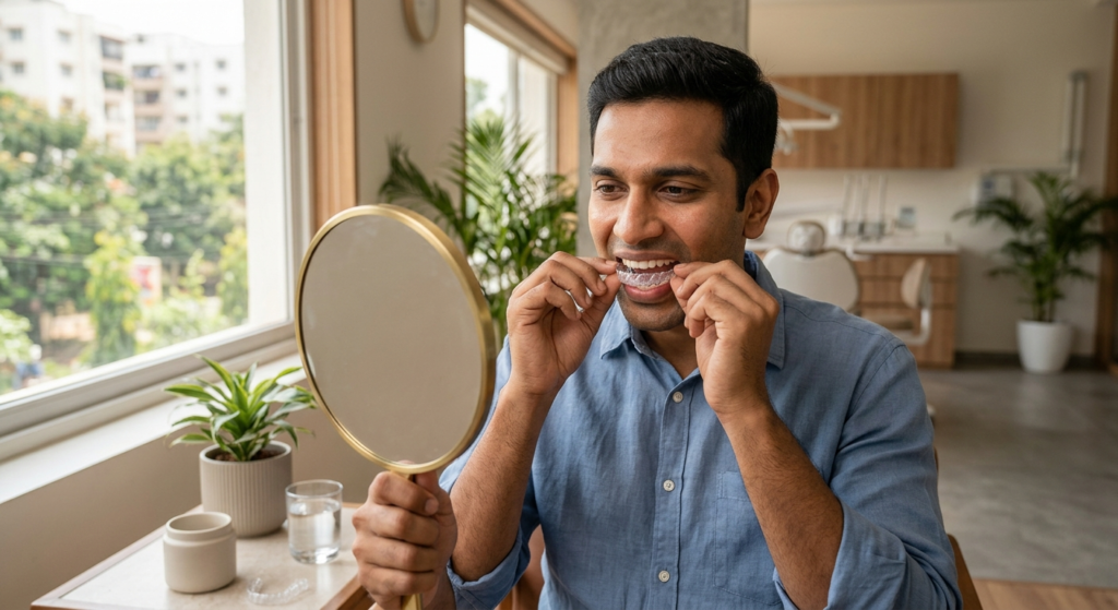 Person placing a clear aligner tray onto their teeth
