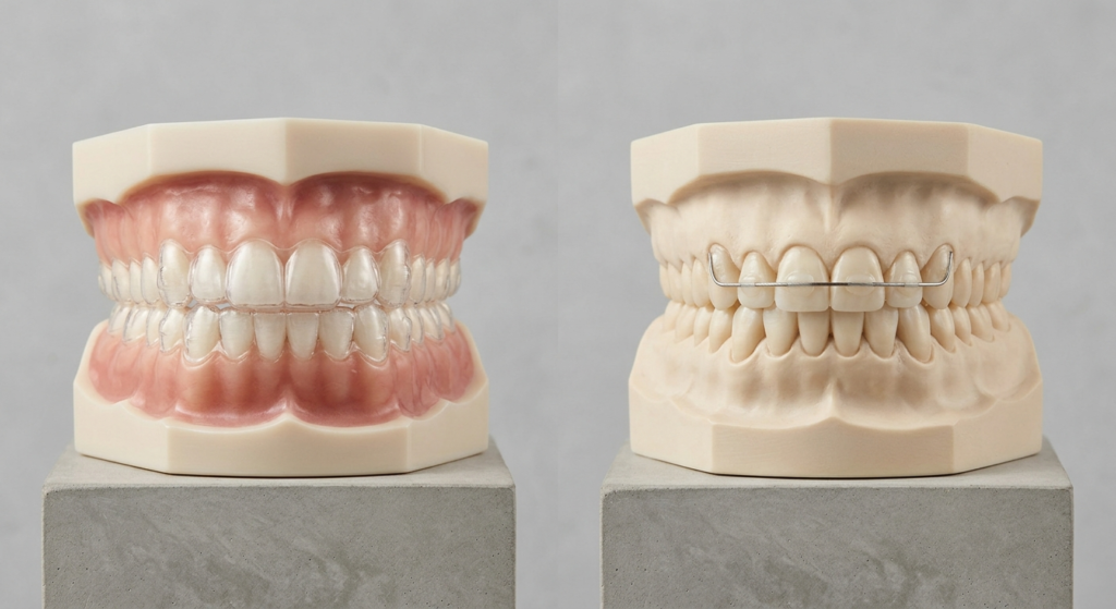 A removable clear retainer next to a fixed bonded wire retainer