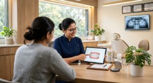 Dentist explaining the cost of braces to a patient in a Bangalore clinic