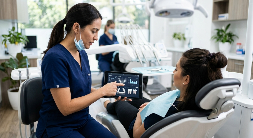 Dentist reviewing a braces treatment plan and quote with a patient