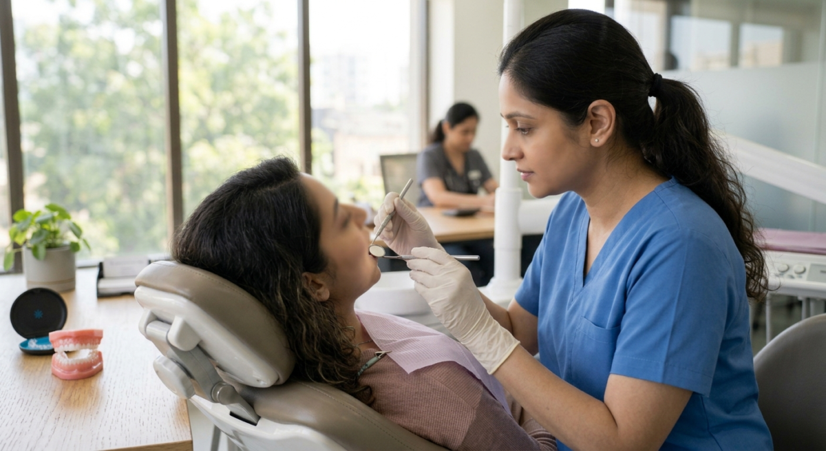 Dentist assessing whether a patient is a candidate for clear aligners