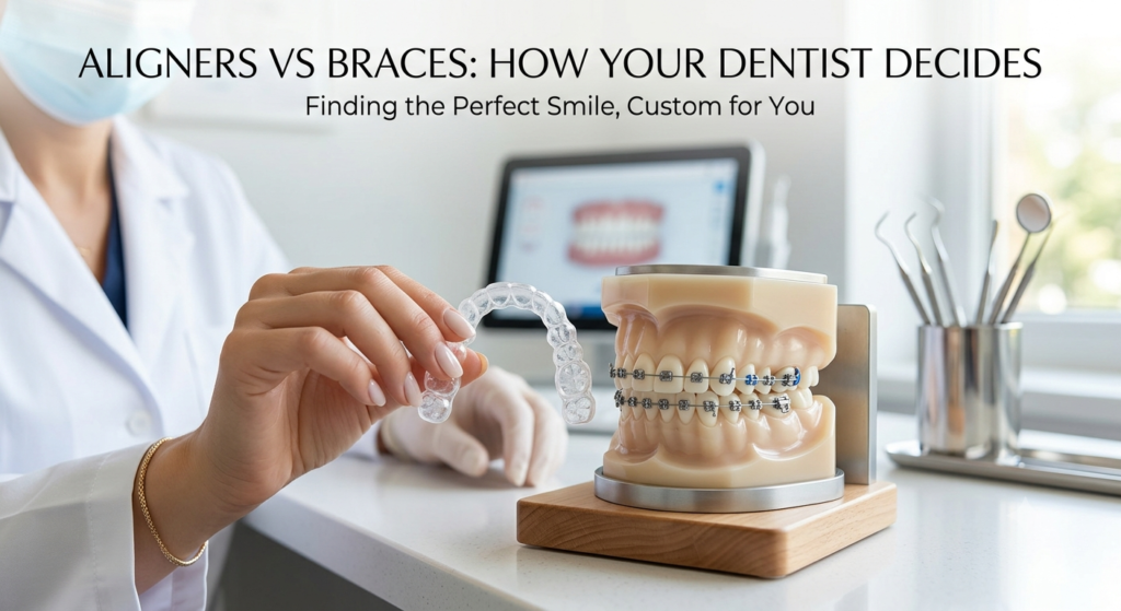 Clear aligner tray and conventional braces side by side