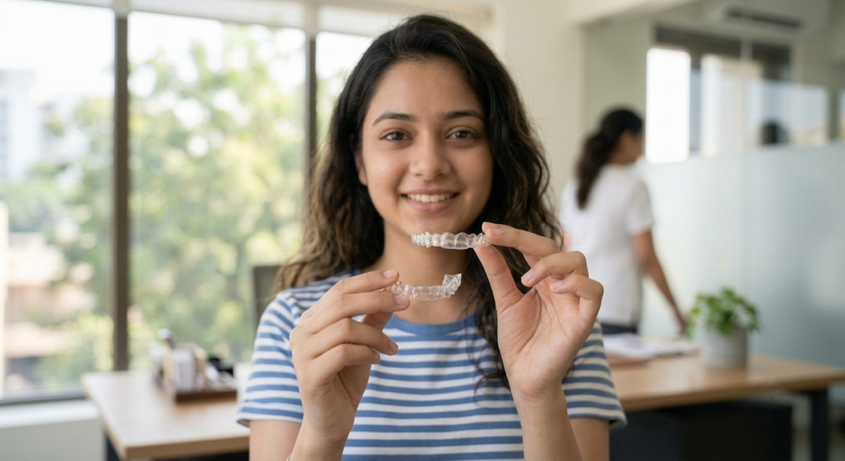 Teenager holding a clear aligner tray