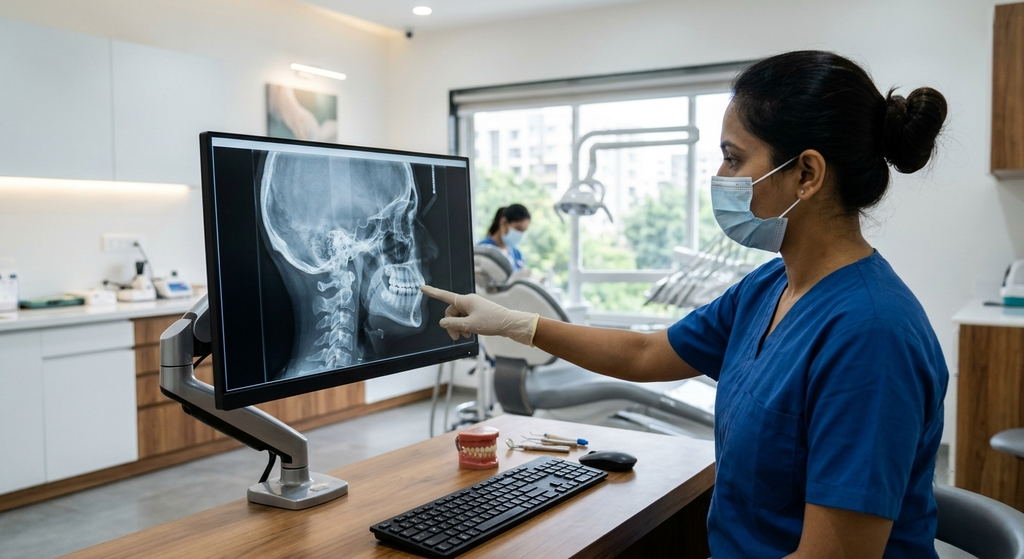 Dentist reviewing a lateral cephalogram X-ray to assess a bite problem