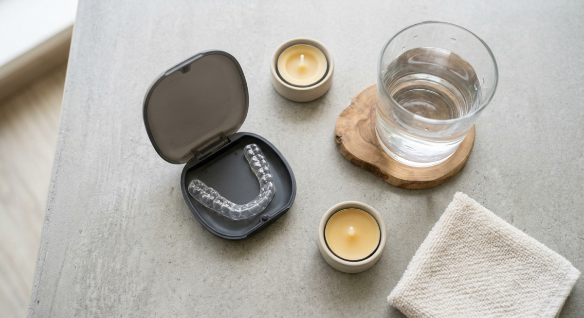Clear aligner tray and case as part of a daily routine