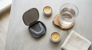 Clear aligner tray and case as part of a daily routine