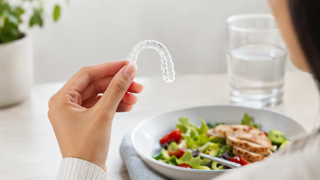 Removing a clear aligner tray before eating